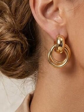 Gold Triple Hoop Drop Earrings New Double-hoop Design, and Minimalist Ear Studs